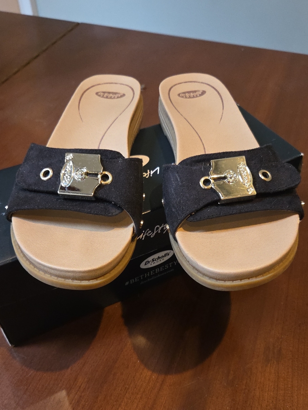Dr. Scholl's Black Slide Sandals with Gold Buckle